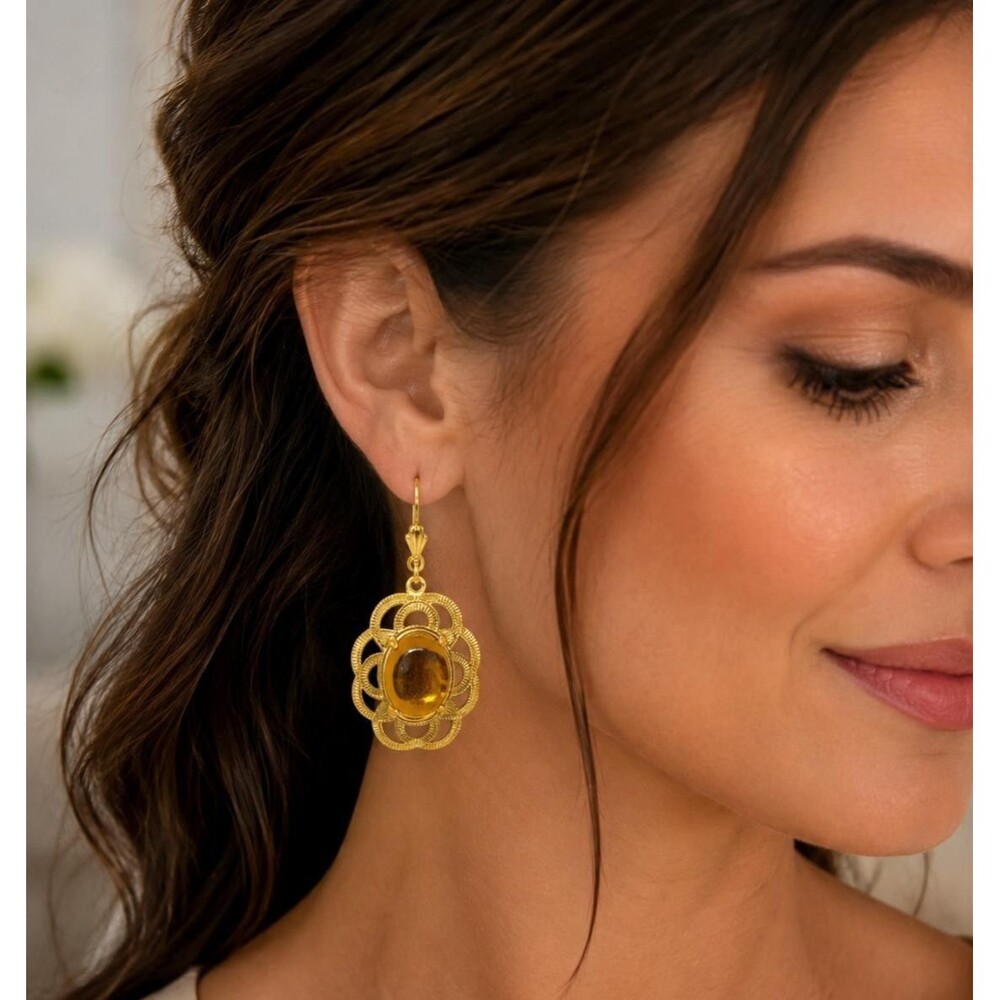 Alzi By Alzerina Gold Tone Filigree Drop Earrings Amber Cabochon NIB USA